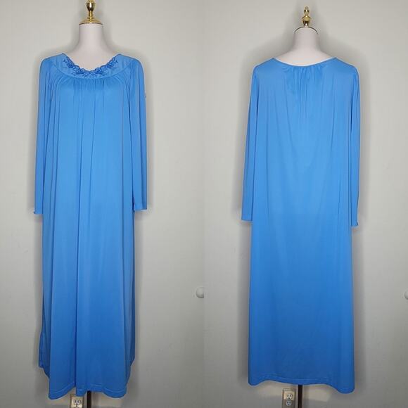 Vtg M Shadowline Dodger‎ Blue Long Nylon Nightgown Floral Embroidered Neckline - Picture 1 of 6